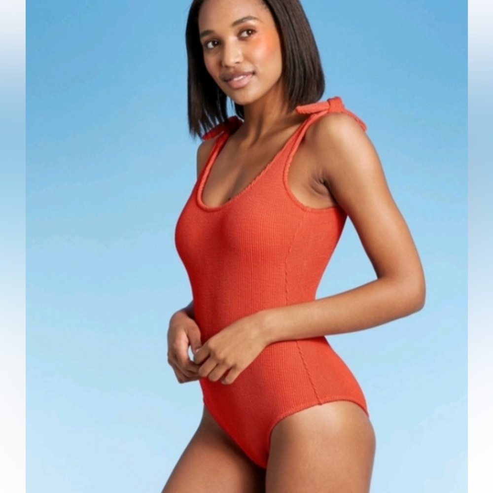 Kona Sol Orange Textured Tie Shoulder Lined Padded Orange Swimsuit One Piece M